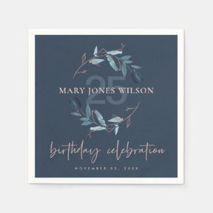 NAVY BLUE PINK FAUNA WREATH ANY AGE 25TH BIRTHDAY NAPKIN