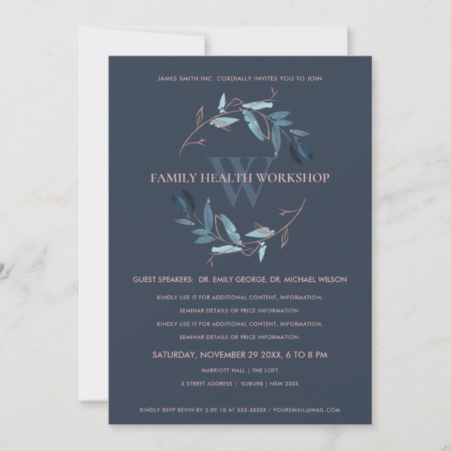 NAVY BLUE PINK FAUNA WREATH WORKSHOP EVENT INVITE (Front)