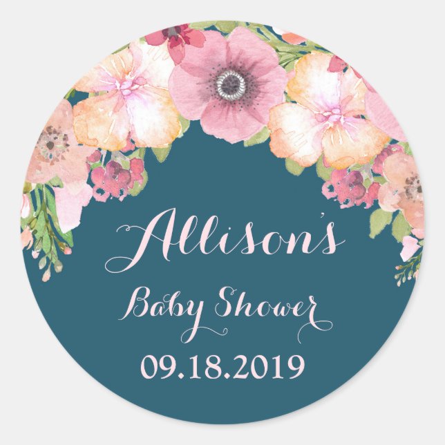 Navy Blue Pink Floral Baby Shower Tag (Front)