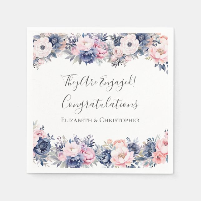 Navy Blue Pink Floral Botanical Engagement Party Napkin (Front)