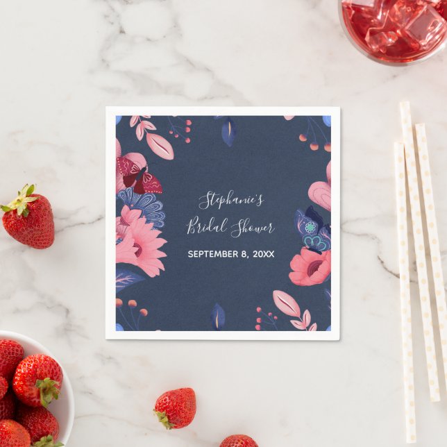 Navy Blue Pink Floral Butterflies Bridal Shower Napkin (Insitu)