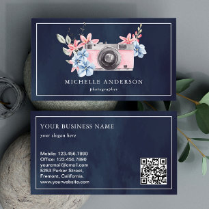 Navy Blue Pink Floral Camera QR Code Photographer Business Card