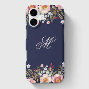 Navy Blue Pink Floral Custom Initial Monogram
