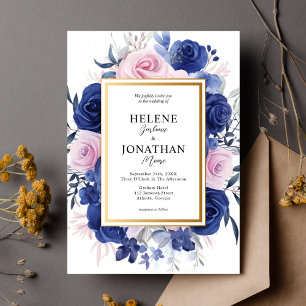 Navy Blue Pink Floral Garden Elegant Wedding Invitation