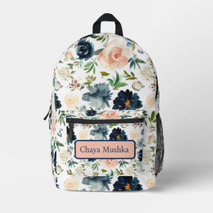 Navy Blue Pink Floral Girly Child's Name Backpack