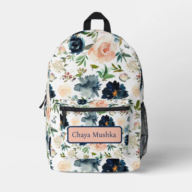 Navy Blue Pink Floral Girly Child's Name Backpack (Front)