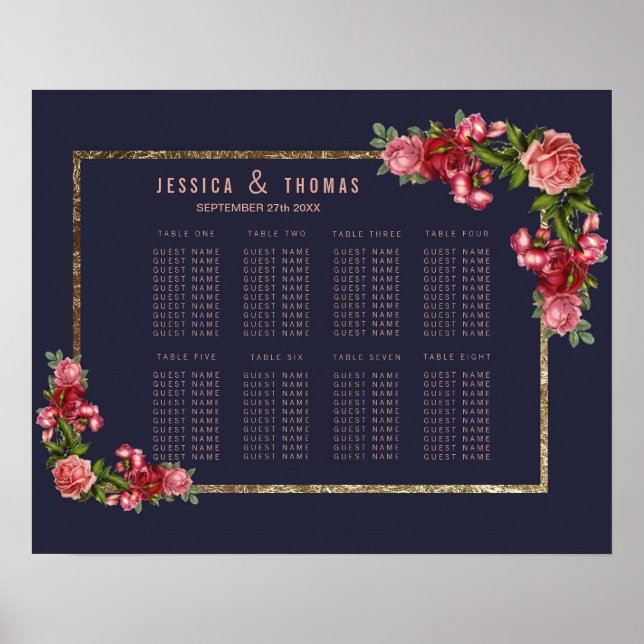 Navy Blue Pink Floral Gold Seating Chart (Front)