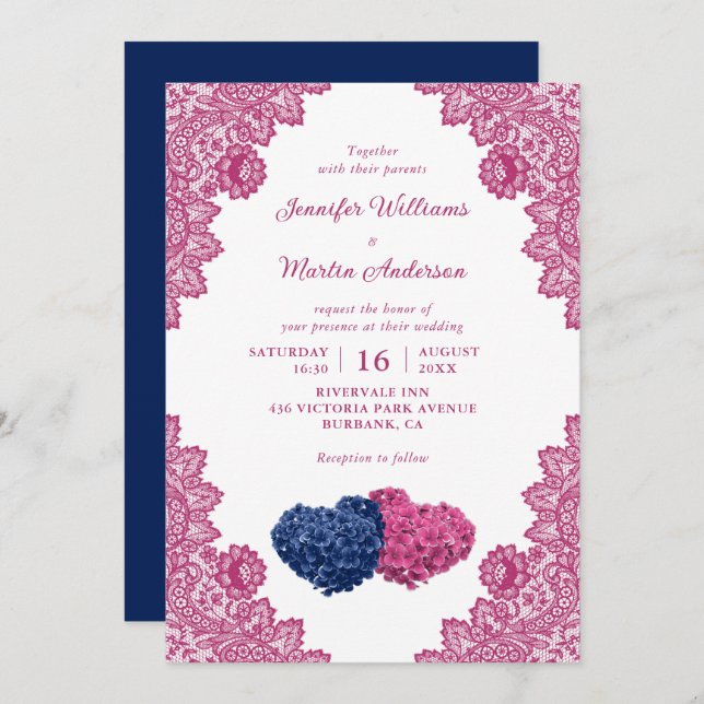 Navy Blue Pink Floral Lace Hydrangea Wedding Invitation (Front/Back)