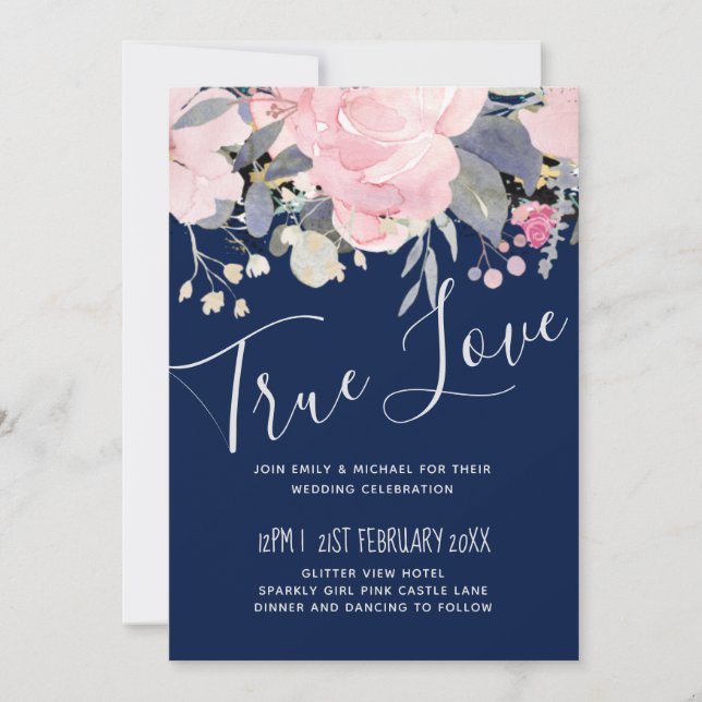 Navy Blue Pink Floral Modern Wedding Budget (Front)