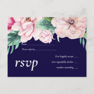 Navy Blue Pink Floral Modern Wedding Budget Invitation Postcard