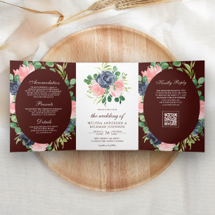 Navy Blue Pink Floral QR Code Burgundy Wedding Tri-Fold Invitation