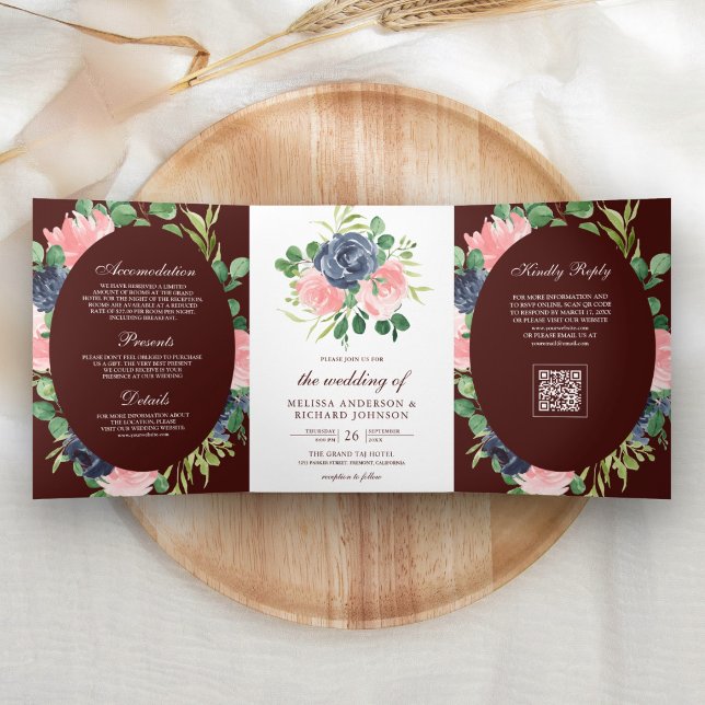 Navy Blue Pink Floral QR Code Burgundy Wedding Tri-Fold Invitation (Creator Uploaded)