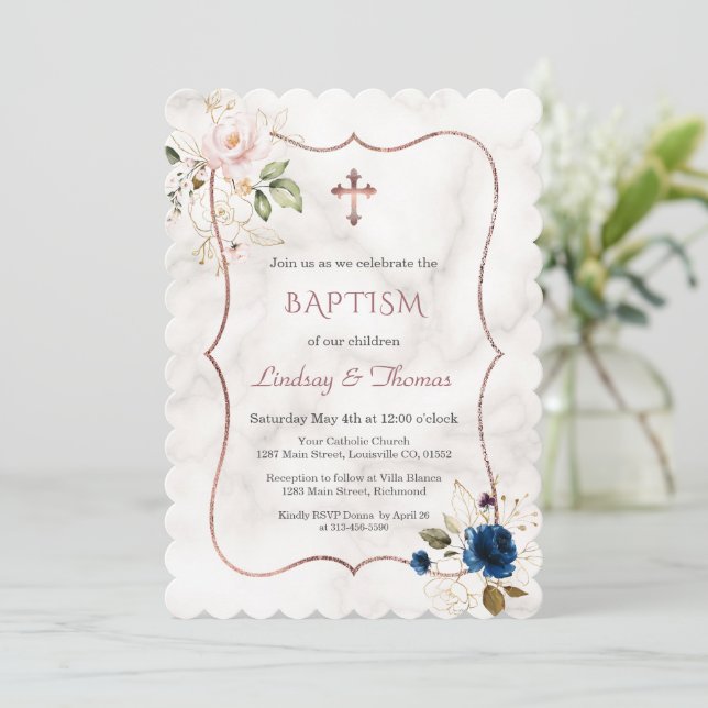 Navy Blue Pink Floral Rose Gold Twins Baptism   Invitation (Standing Front)