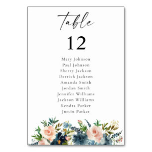 Navy Blue & Pink Floral Table Number Seating Chart