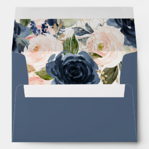 Navy Blue Pink Floral Watercolor Printed Envelope