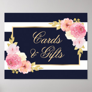 Navy Blue Pink Floral Wedding Cards and Gifts Sign