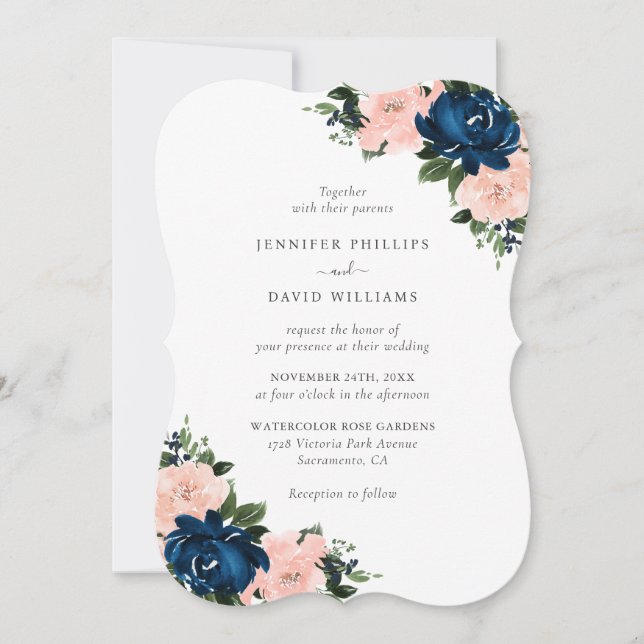 Navy Blue Pink Floral Wedding Invitation (Front)