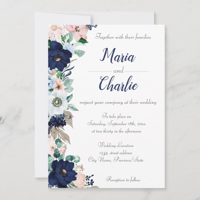 Navy Blue & Pink Floral Wedding Invitation (Front)