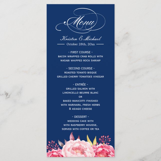 Navy Blue Pink Floral Wedding Menu Template (Front)