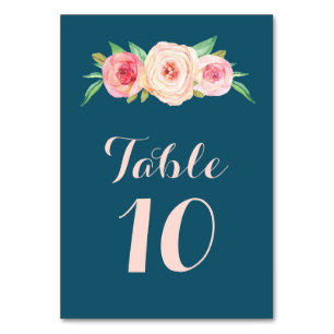 Navy Blue Pink Floral Wedding Table Number Cards