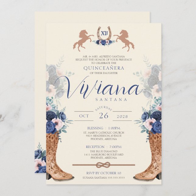 Navy Blue Pink Floral Western Charro Quinceanera Invitation (Front/Back)