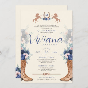 Navy Blue Pink Floral Western Charro Quinceanera Invitation