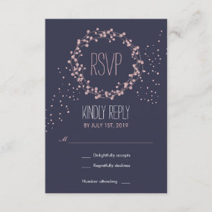 Navy Blue Pink Floral Wreath Wedding RSVP Card