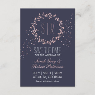 Navy Blue Pink Floral Wreath Wedding Save The Date