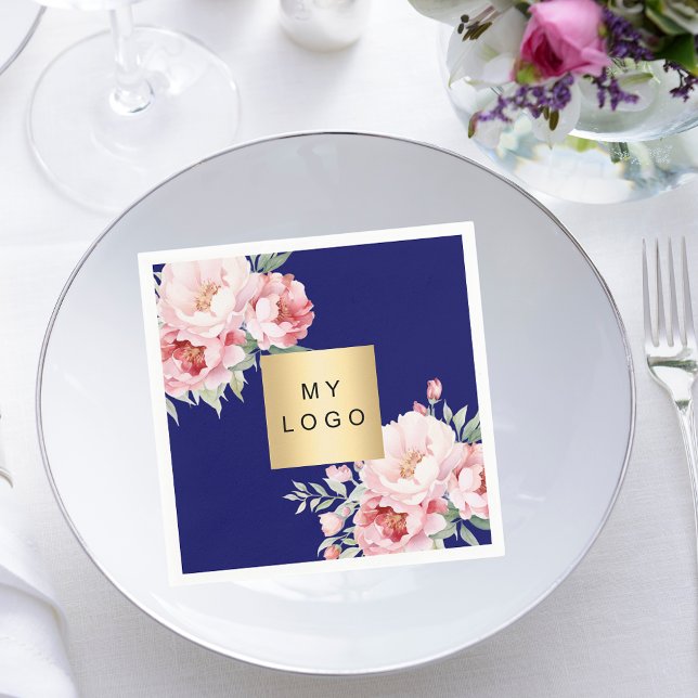 Navy blue pink florals business logo napkin (Creator Uploaded)
