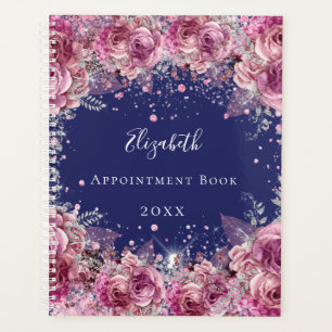 Navy blue pink florals elegant name 2025 planner
