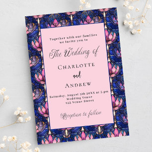 Navy blue pink florals retro luxury wedding invitation