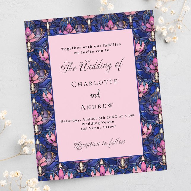 Navy blue pink florals retro wedding invitation (Creator Uploaded)