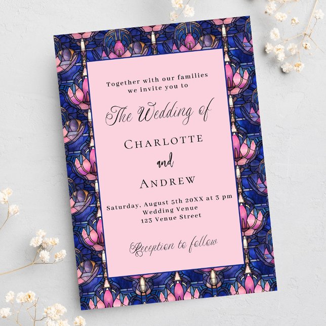Navy blue pink florals retro wedding invitation postcard (Creator Uploaded)