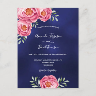 Navy blue pink florals wedding invitation postcard
