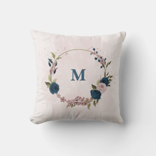 navy blue pink flowers cushion