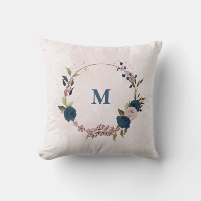 navy blue pink flowers  cushion (Front)