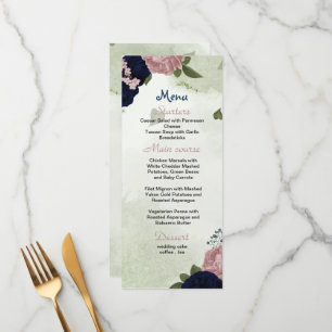 navy blue & pink flowers greenery wedding menu