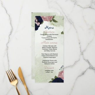 navy blue & pink flowers greenery wedding menu
