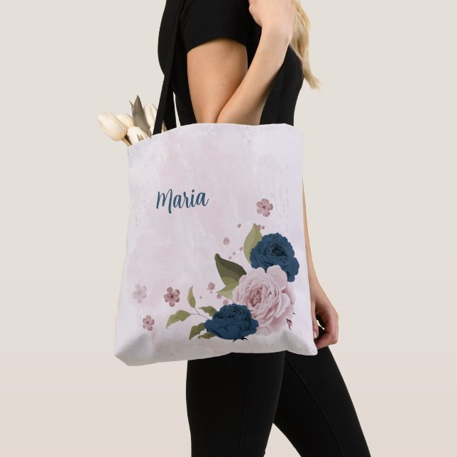 navy blue pink flowers  tote bag (Close Up)