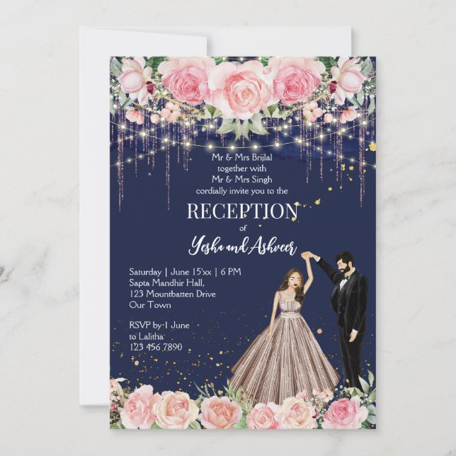Navy blue pink glitter dancing couple reception invitation (Front)