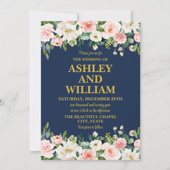 Navy Blue Pink Gold Boho Bohemian Greenery Wedding Invitation (Front)