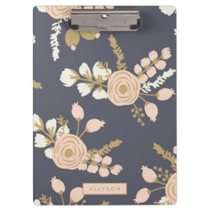 Navy Blue Pink Gold Floral Personalized Clipboard