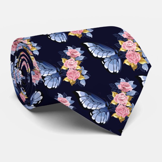 Navy Blue Pink Gold Rose Butterfly Pattern Tie (Rolled)