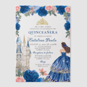 Navy Blue Pink Gold Tiara Princess Quinceañera Vellum Invitations