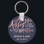 Navy Blue Pink Hug and Kisses From New Mr and Mrs Key Ring<br><div class="desc">This handwriting calligraphy is perfect for wedding, bridal shower, engagement party and anniversary celebration party favour. Get this chic and elegant design for your outdoor spring wedding, in the country or at a romantic botanical garden. Personalise the text using hand lettering script font to include the bride and groom's name...</div>