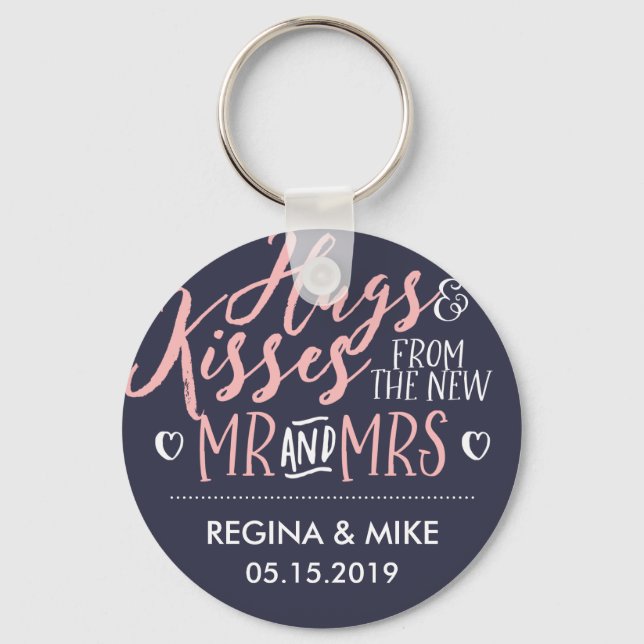 Navy Blue Pink Hug and Kisses From New Mr and Mrs Key Ring (Front)