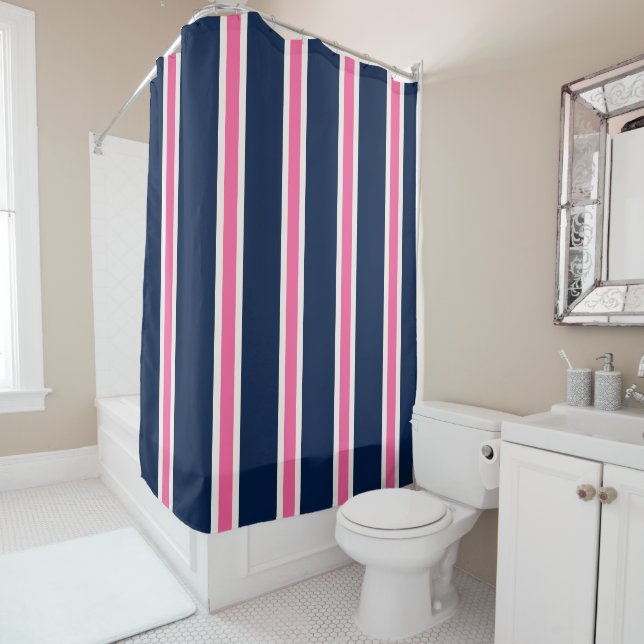 Navy Blue Pink Khaki Stripes Personalised Shower Curtain (In Situ)