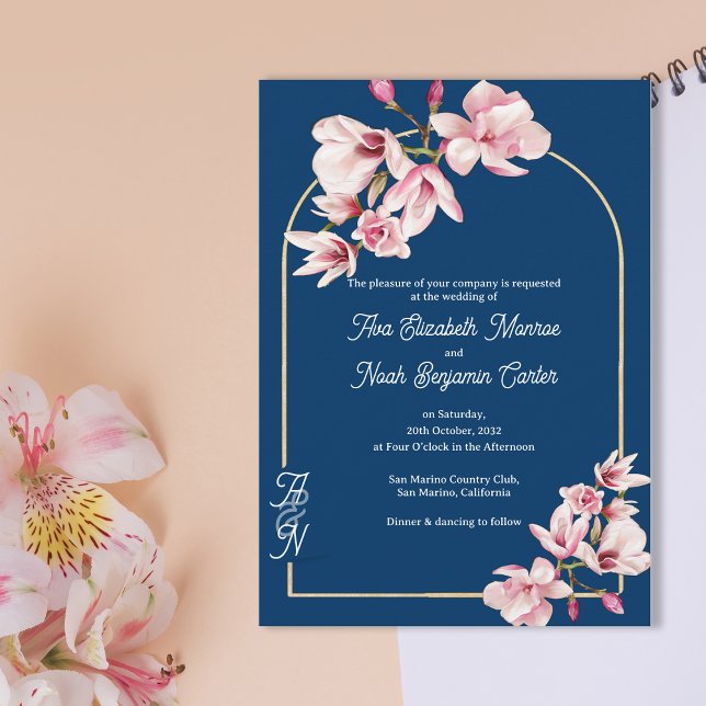 Navy Blue Pink Magnolia Elegant Floral Wedding Invitation (Navy Blue Pink Magnolia Elegant Floral Wedding Invitation)