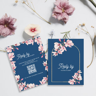Navy Blue Pink Magnolia Floral Wedding Reply By RSVP Card