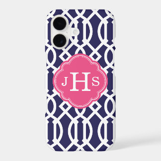 Navy Blue & Pink Modern Trellis Monogram